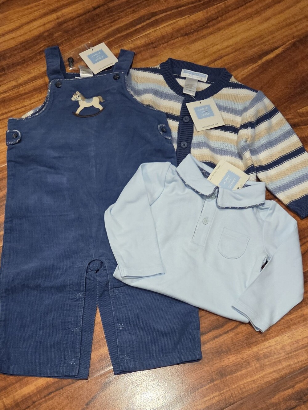 Janie and Jack NWT 6-12 Month Striped Sweater, Polo Bodysuit & Corduroy Overalls